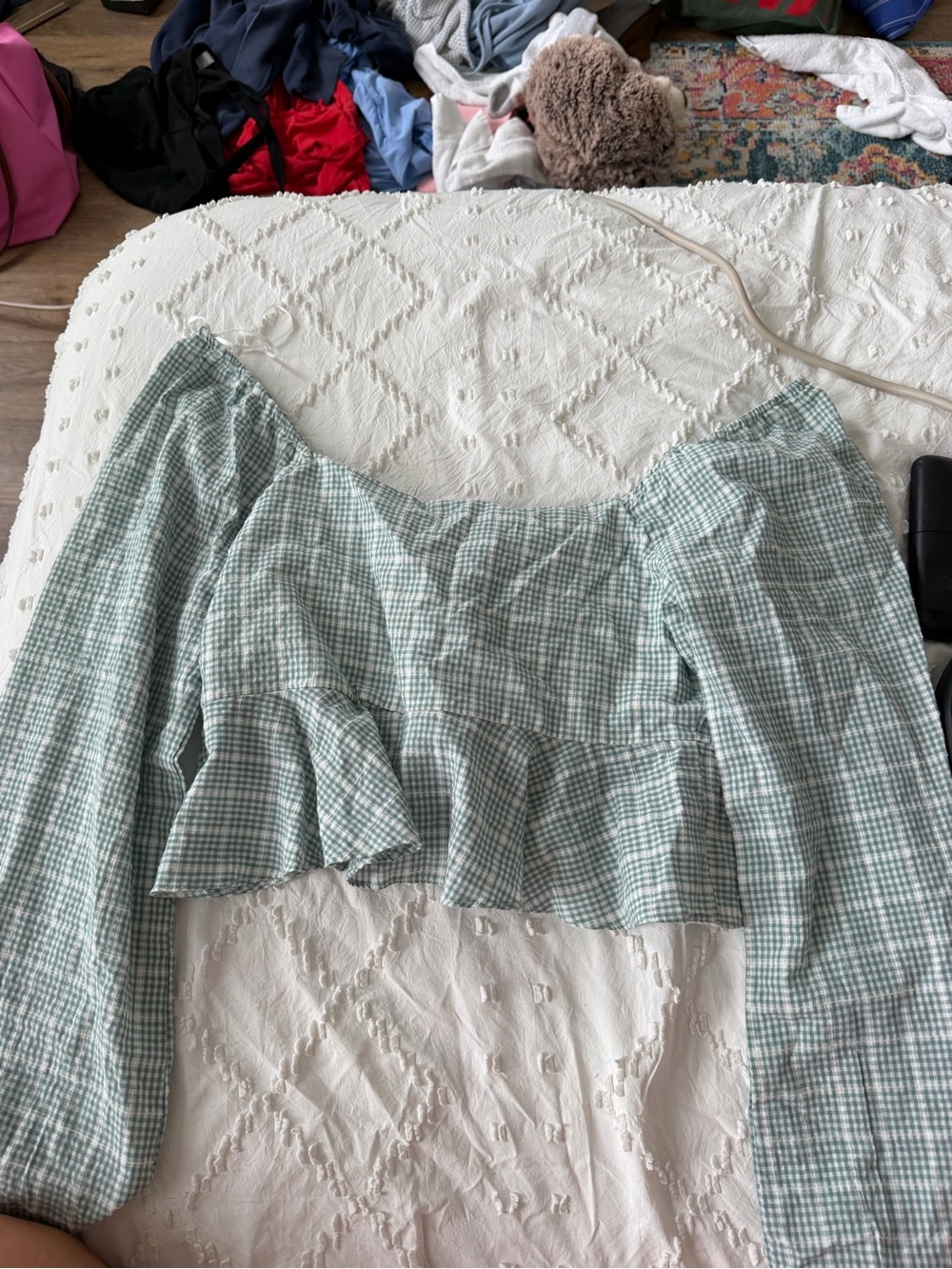 Altar'd State Green Gingham Off-Shoulder Peplum Top